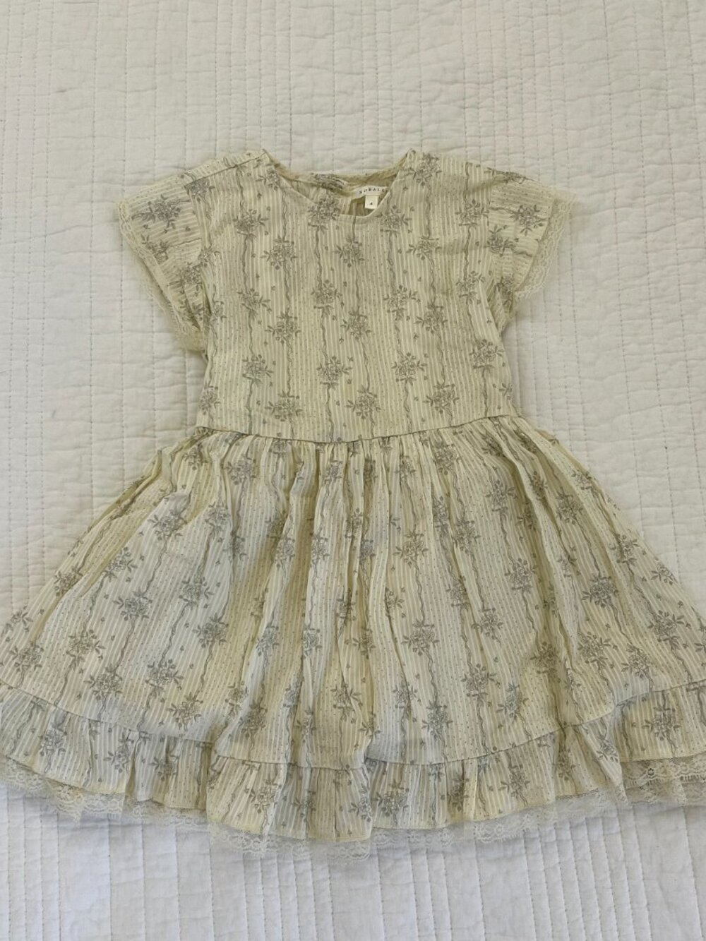 Noralee Cream and Grey Floral Dress Girls Size 4 Cotton